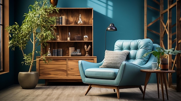 Un placard en bois à côté d'un fauteuil bleu dans un intérieur de salon confortable avec un canapé beige