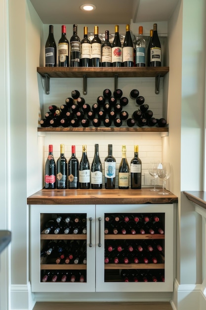 Un placard en bois avec des étagères pour stocker des bouteilles de vin se trouve dans la cuisine de la maison