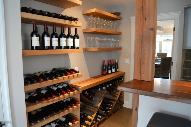 Un placard en bois avec des étagères pour stocker des bouteilles de vin se trouve dans la cuisine de la maison