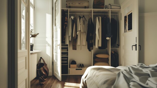 Un placard ouvert à l'intérieur d'une chambre à coucher bien éclairée par le soleil qui déborde de simplicité et d'ordre