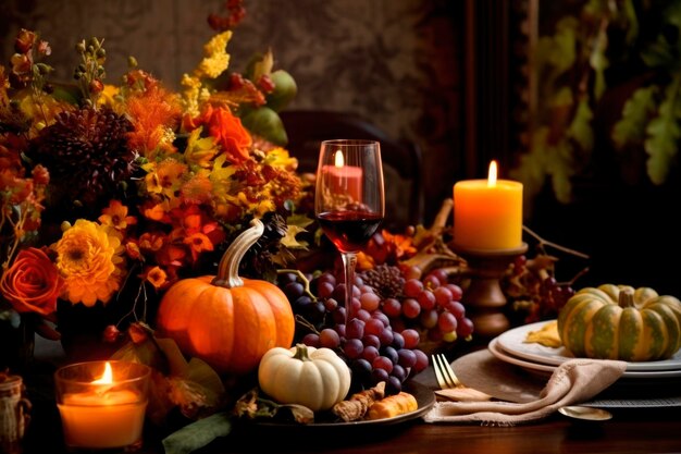 Place d'automne avec des feuilles et des citrouilles pour la décoration de l'automne de la maison Célébration du jour de Thanksgiving avec des couverts et des décors d'arrangement de bougies et de fleurs générés par l'IA