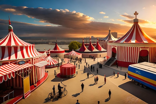 Une place bondée avec des tentes de cirque colorées