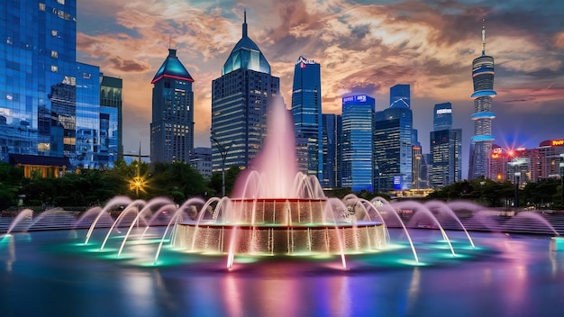 La place du peuple de Shanghai avec une fontaine et l'horizon urbain la nuit