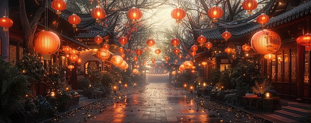 Une place du village ornée de bannières de lanternes rouges