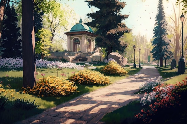 Place envahie de fleurs et d'arbres dans le parc au soleil d'été du printemps