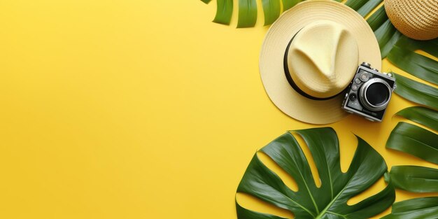 placé à plat avec des accessoires de voyageurs feuille de palmier tropical caméra rétro chapeau de soleil étoile de mer sur jaune