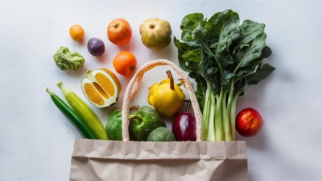 Placé à plat avec des légumes et des fruits en sac en papier sur blanc