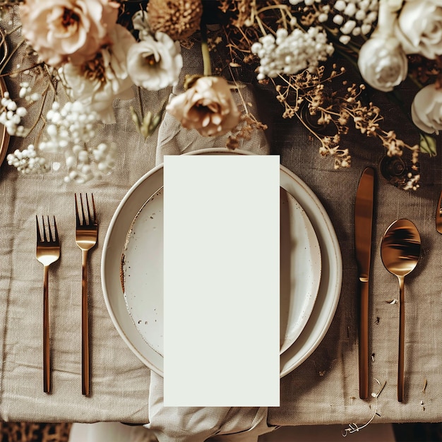 Photo place de table avec une carte blanche sur une table en bois blanc avec des décorations bohémiennes autour de boho en gros plan