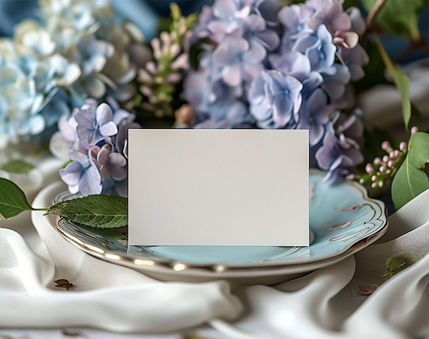 Place de table avec carte vierge sur la table avec des fleurs d'hortensia Maquette de carte de lieu de mariage vintage