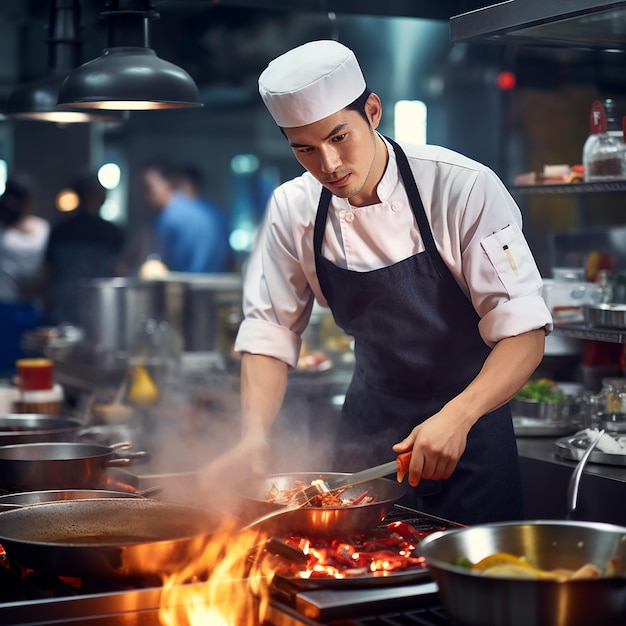 Place de travail de chef professionnel à la cuisine d'un restaurant Vue rapprochée d'un homme remuant de la soupe à la main