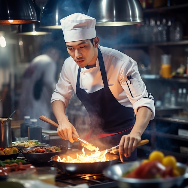 Place de travail de chef professionnel à la cuisine d'un restaurant Vue rapprochée d'un homme remuant de la soupe à la main