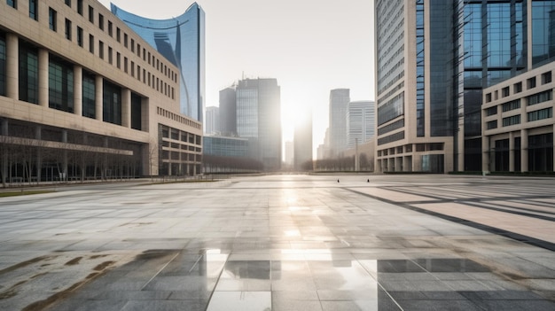 Place de la ville vide avec sol en béton devant les immeubles de bureaux le matin Generative AI AIG21