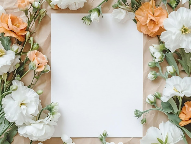 Placée au milieu de fleurs orange et blanches, une feuille de papier blanche devient le point central de l'art.