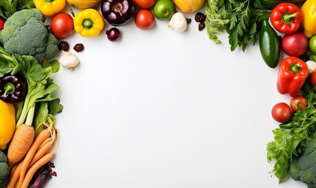 Placement plat de légumes biologiques frais et colorés espace de copie blanc au centre du cadre