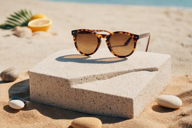 Placement de produit sur le thème de la plage d'été avec un podium en pierre