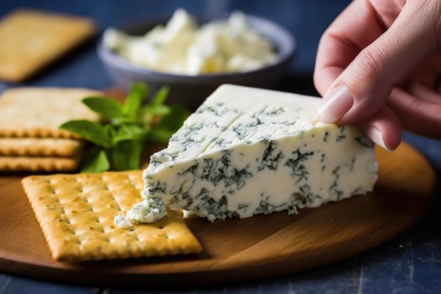 Placer à la main une tranche de fromage bleu sur un cracker