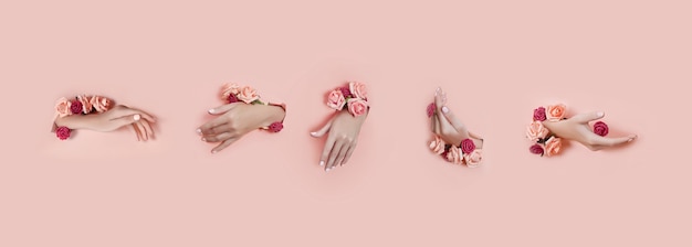 Placez les mains avec des fleurs artificielles qui sortent du fond de papier rose trou. Main dans diverses poses, la disposition du motif pour votre collage. Cosmétiques soins de la peau des mains, hydratation et réduction des rides