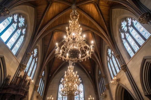 Plafond cathédrale avec lustre orné suspendu créé avec une IA générative