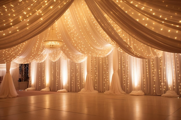 Le plafond de la salle de réception est orné de draps et de lumières scintillantes.