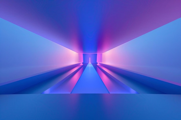 un plafond violet et bleu avec une lumière violette dans le tunnel brillant futur middleTech avec une lumière