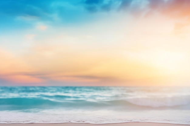 La plage abstraite est floue avec un ciel blanc jaune et bleu