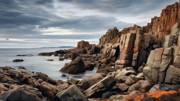 Une plage accidentée avec des rochers tranchants et un ciel orageux