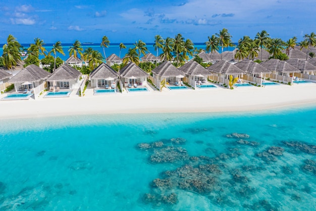 Plage aérienne des Maldives Magnifiques palmiers bungalows de luxe mer incroyable Vacances de voyage exotique