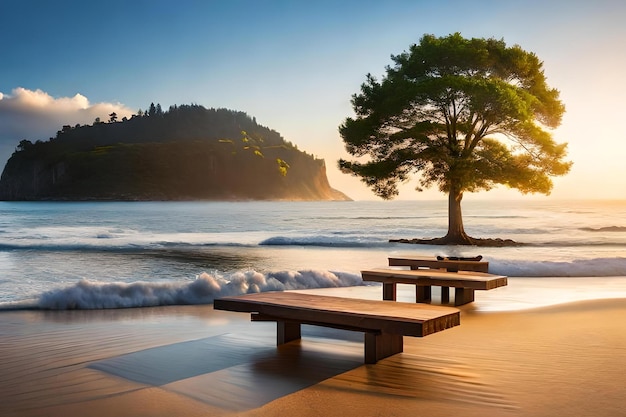 Une plage avec un arbre et des bancs dessus