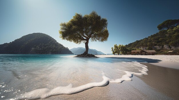 Photo une plage avec un arbre dans l'eau