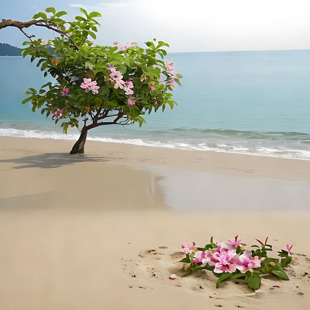 Photo une plage avec un arbre et des fleurs dessus