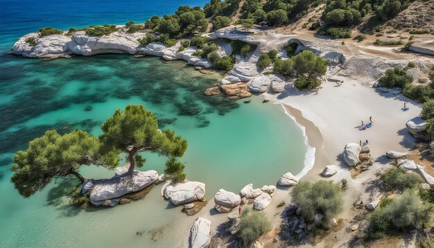 une plage avec un arbre et une plage en arrière-plan