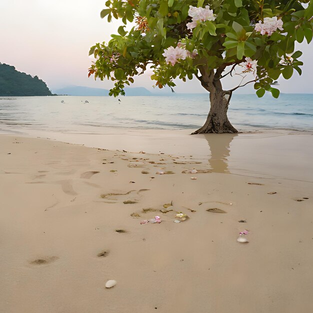 une plage avec un arbre et une plague avec un certain nombre de coquilles dans le sable