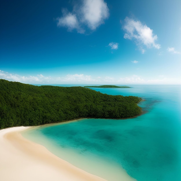 Une plage avec des arbres verts et de l'eau bleue