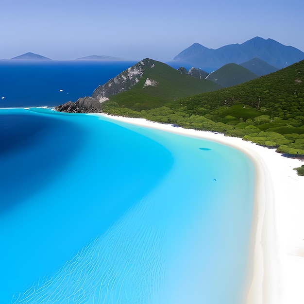 Une plage avec des arbres verts et de l'eau bleue