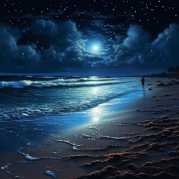 Une plage au clair de lune avec des vagues bioluminescentes