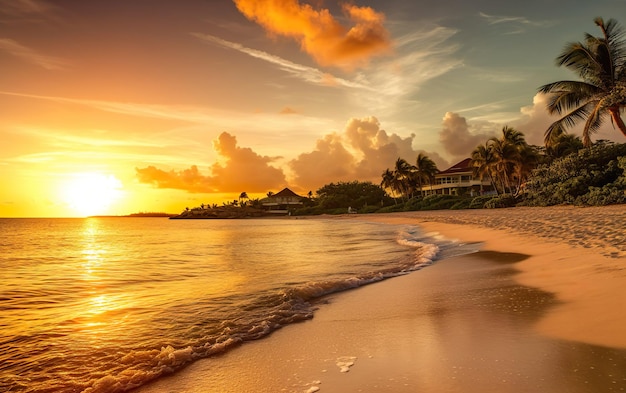 Une plage au coucher du soleil avec un ciel doré et une maison en arrière-plan.