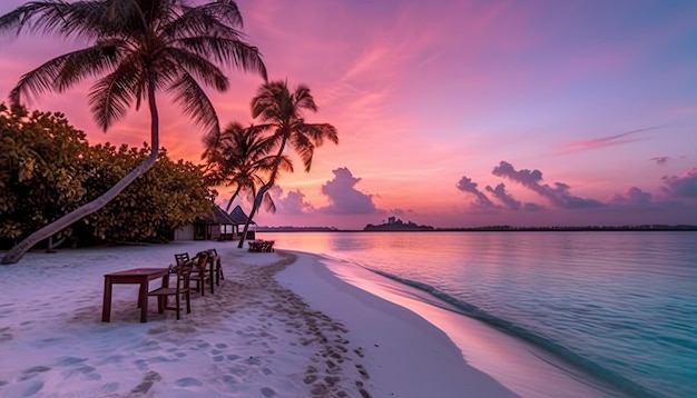 Une plage au coucher du soleil avec un ciel rose et des palmiers