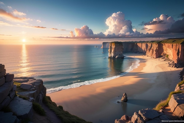 Une plage au coucher du soleil avec une falaise en arrière-plan