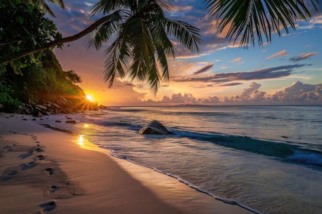 plage au coucher du soleil sur l'île de Mahe aux Seychelles