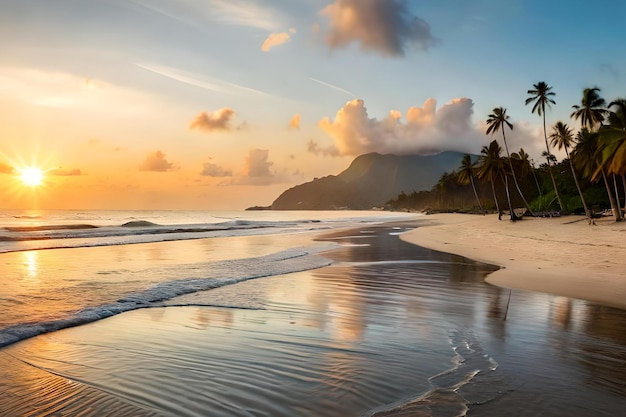 Une plage au coucher du soleil avec une montagne en arrière-plan