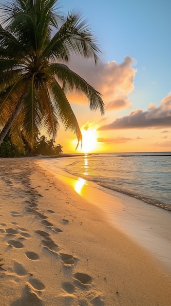 Une plage au coucher du soleil avec un palmier au premier plan et un coucher de soleil en arrière-plan.