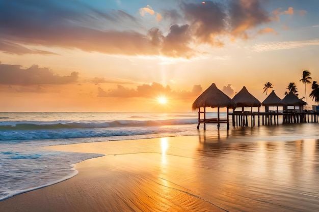 Une plage au coucher du soleil avec un palmier et un bâtiment en arrière-plan