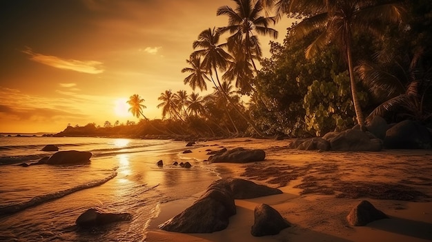 Une plage au coucher du soleil avec des palmiers et un coucher de soleil en arrière-plan.