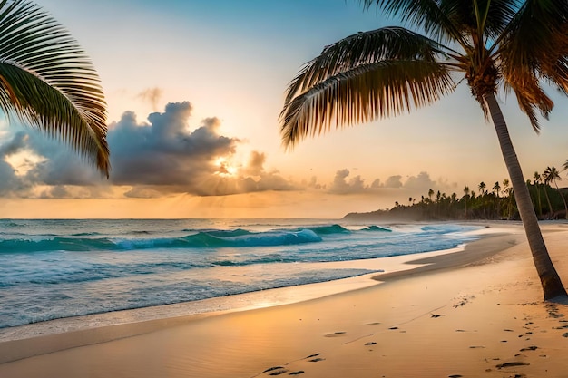 Une plage au coucher du soleil avec des palmiers et un coucher de soleil en arrière-plan