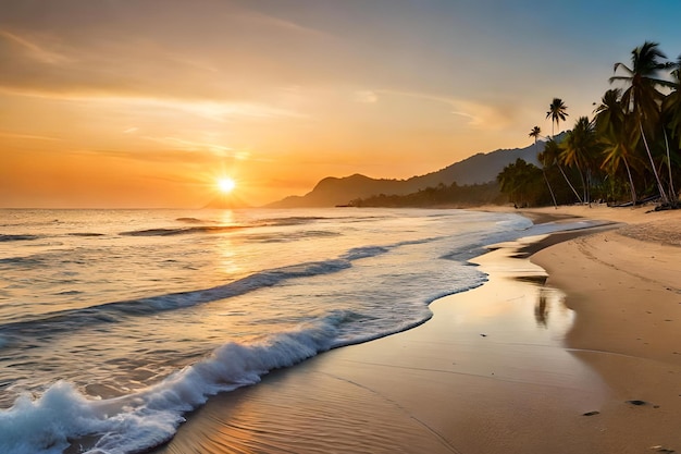 Une plage au coucher du soleil avec des palmiers et un coucher de soleil en arrière-plan.