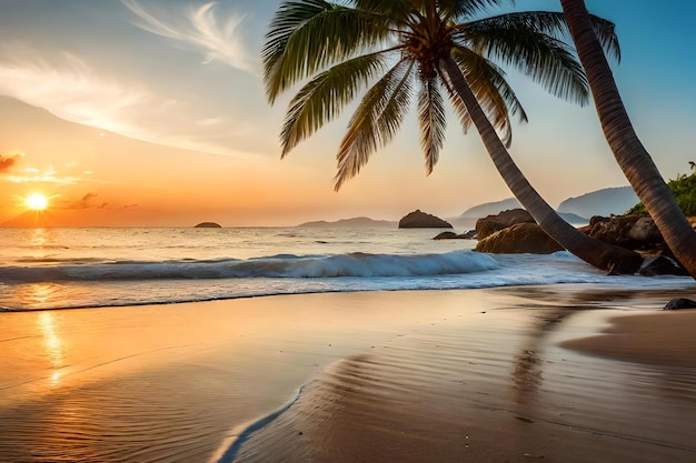 Une plage au coucher du soleil avec des palmiers et un coucher de soleil en arrière-plan