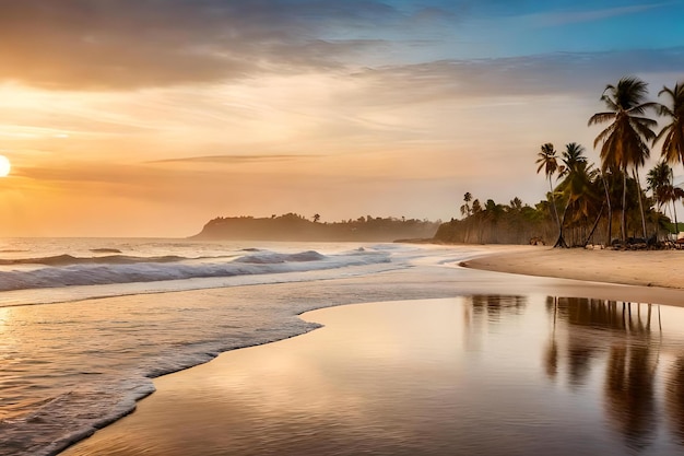 Une plage au coucher du soleil avec des palmiers et un coucher de soleil au costa rica