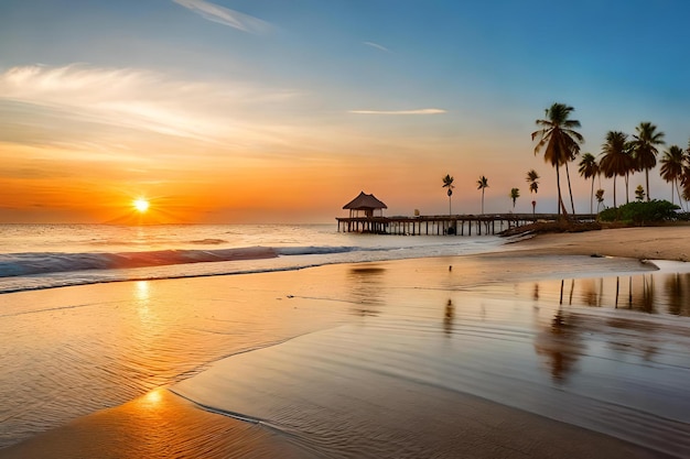 Une plage au coucher du soleil avec des palmiers et une jetée en arrière-plan
