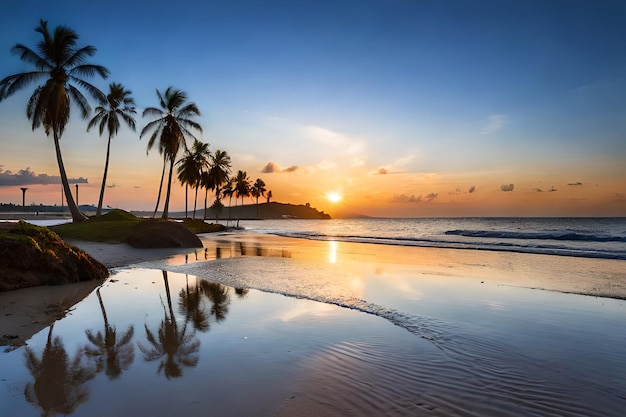 Une plage au coucher du soleil avec des palmiers sur la plage