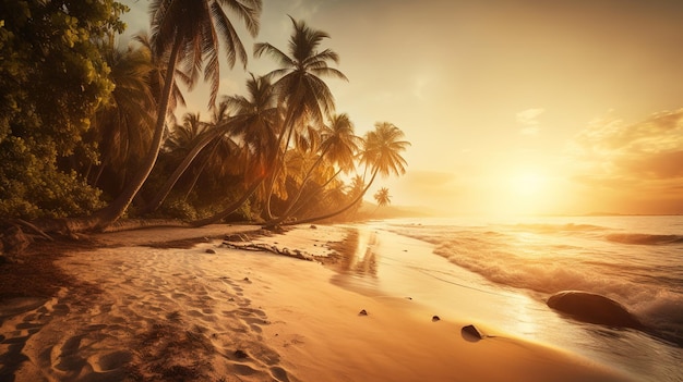 Une plage au coucher du soleil avec des palmiers et le soleil couchant